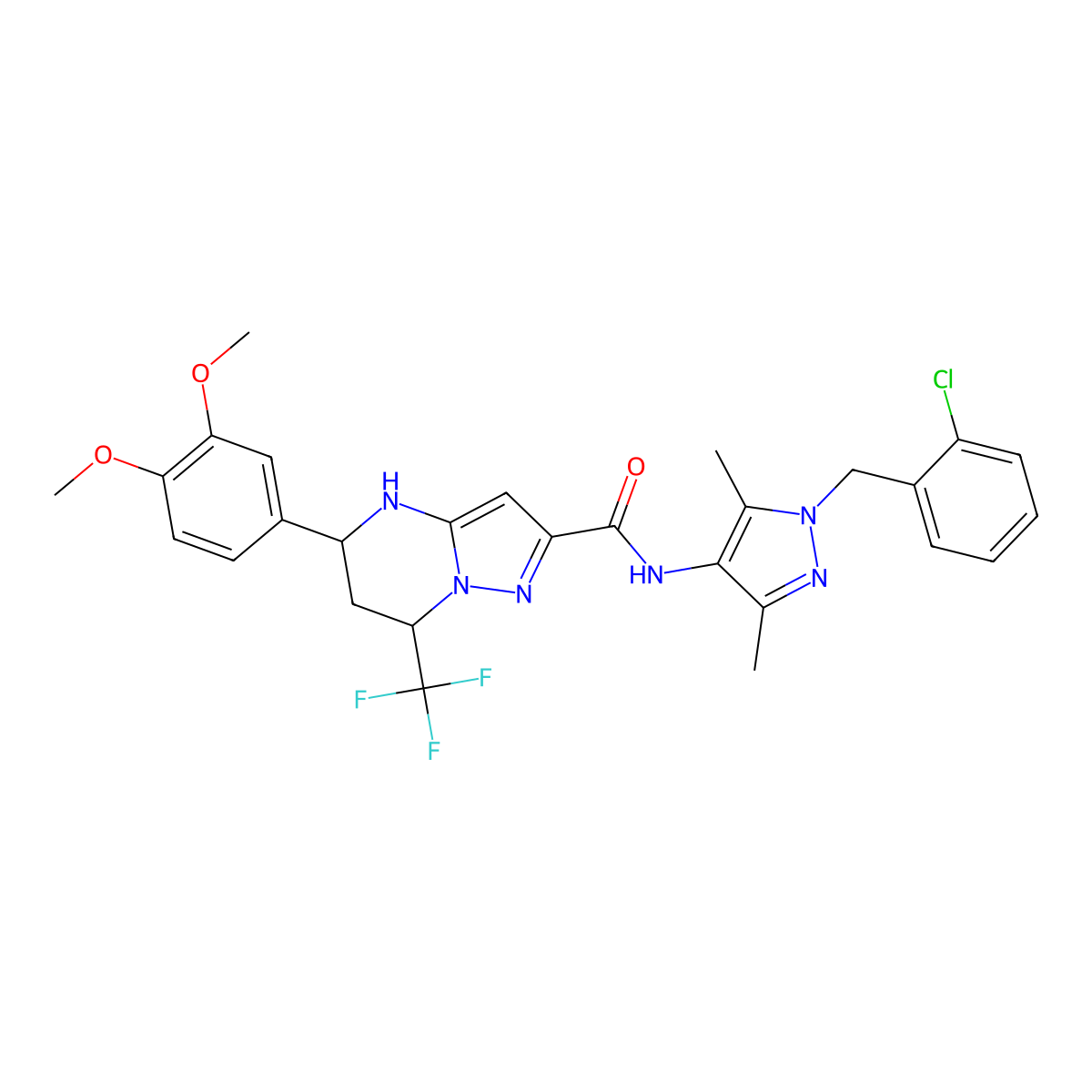 N-[1-(2-chlorobenzyl)-3,5-dimethyl-1H-pyrazol-4-yl]-5-(3,4-dimethoxyphenyl)-7-(trifluoromethyl)-4,5,6,7-tetrahydropyrazolo[1,5-a]pyrimidine-2-carboxamide molecular structure, CAS 490013-27-9