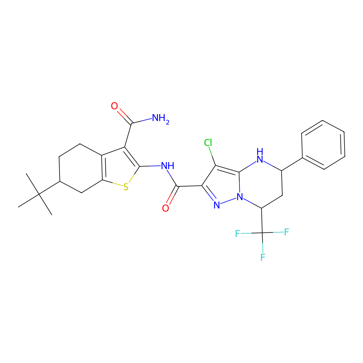 N-[3-(aminocarbonyl)-6-tert-butyl-4,5,6,7-tetrahydro-1-benzothien-2-yl]-3-chloro-5-phenyl-7-(trifluoromethyl)-4,5,6,7-tetrahydropyrazolo[1,5-a]pyrimidine-2-carboxamide molecular structure, CAS 490013-28-0