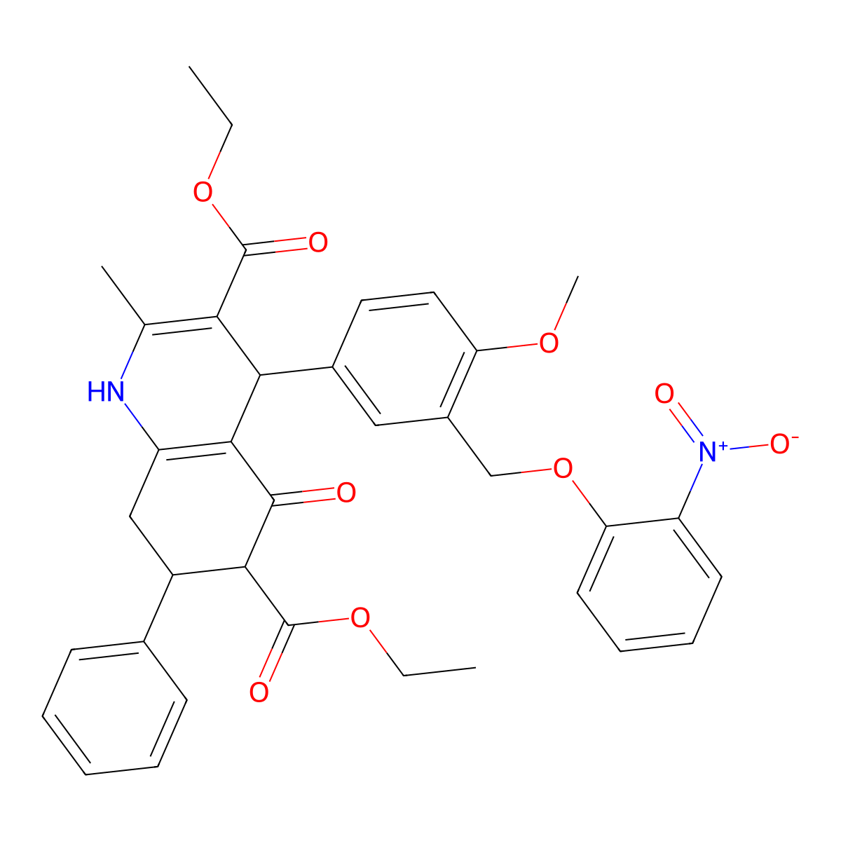 diethyl 4-[4-methoxy-3-[(2-nitrophenoxy)methyl]phenyl]-2-methyl-5-oxo-7-phenyl-4,6,7,8-tetrahydro-1H-quinoline-3,6-dicarboxylate molecular structure, CAS 490013-47-3