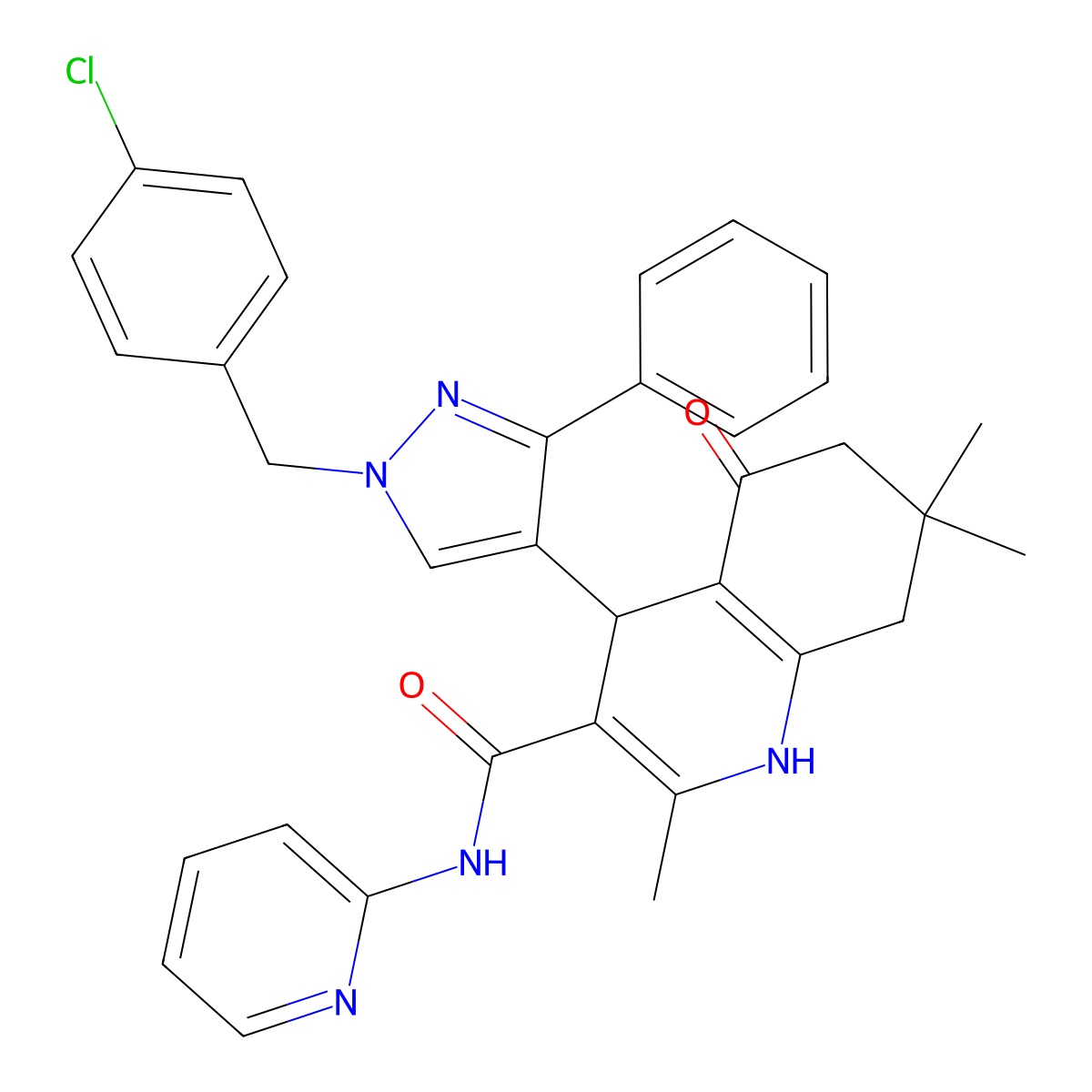 4-[1-[(4-chlorophenyl)methyl]-3-phenylpyrazol-4-yl]-2,7,7-trimethyl-5-oxo-N-pyridin-2-yl-1,4,6,8-tetrahydroquinoline-3-carboxamide molecular structure, CAS 490013-48-4