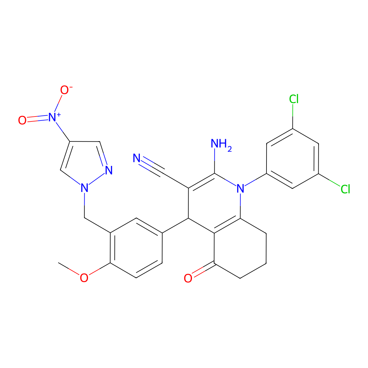 2-Amino-1-(3,5-dichlorophenyl)-4-[4-methoxy-3-[(4-nitropyrazol-1-yl)methyl]phenyl]-5-oxo-4,6,7,8-tetrahydroquinoline-3-carbonitrile molecular structure, CAS 490013-56-4
