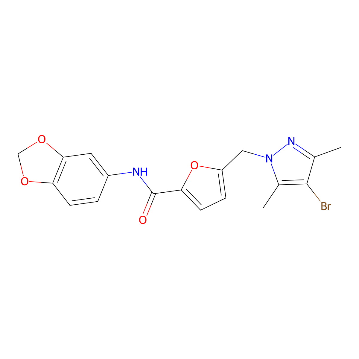 N-(1,3-benzodioxol-5-yl)-5-[(4-bromo-3,5-dimethylpyrazol-1-yl)methyl]furan-2-carboxamide molecular structure, CAS 490013-69-9
