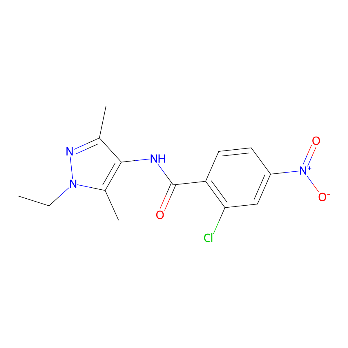 2-chloro-N-(1-ethyl-3,5-dimethylpyrazol-4-yl)-4-nitrobenzamide molecular structure, CAS 490013-75-7