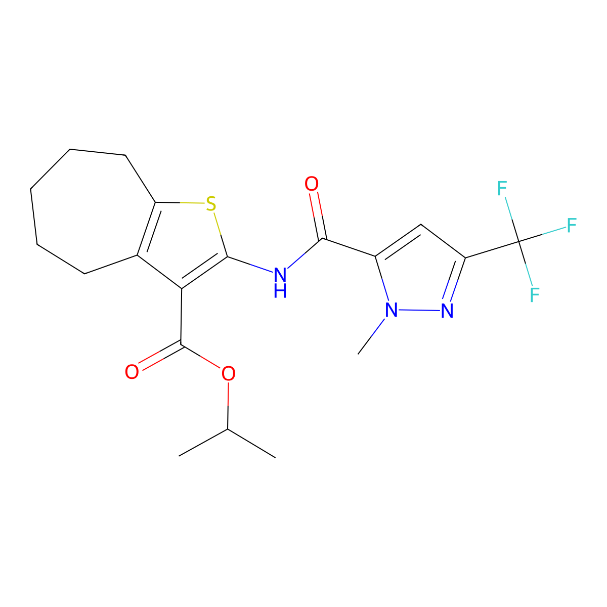 isopropyl 2-({[1-methyl-3-(trifluoromethyl)-1H-pyrazol-5-yl]carbonyl}amino)-5,6,7,8-tetrahydro-4H-cyclohepta[b]thiophene-3-carboxylate molecular structure, CAS 490013-79-1