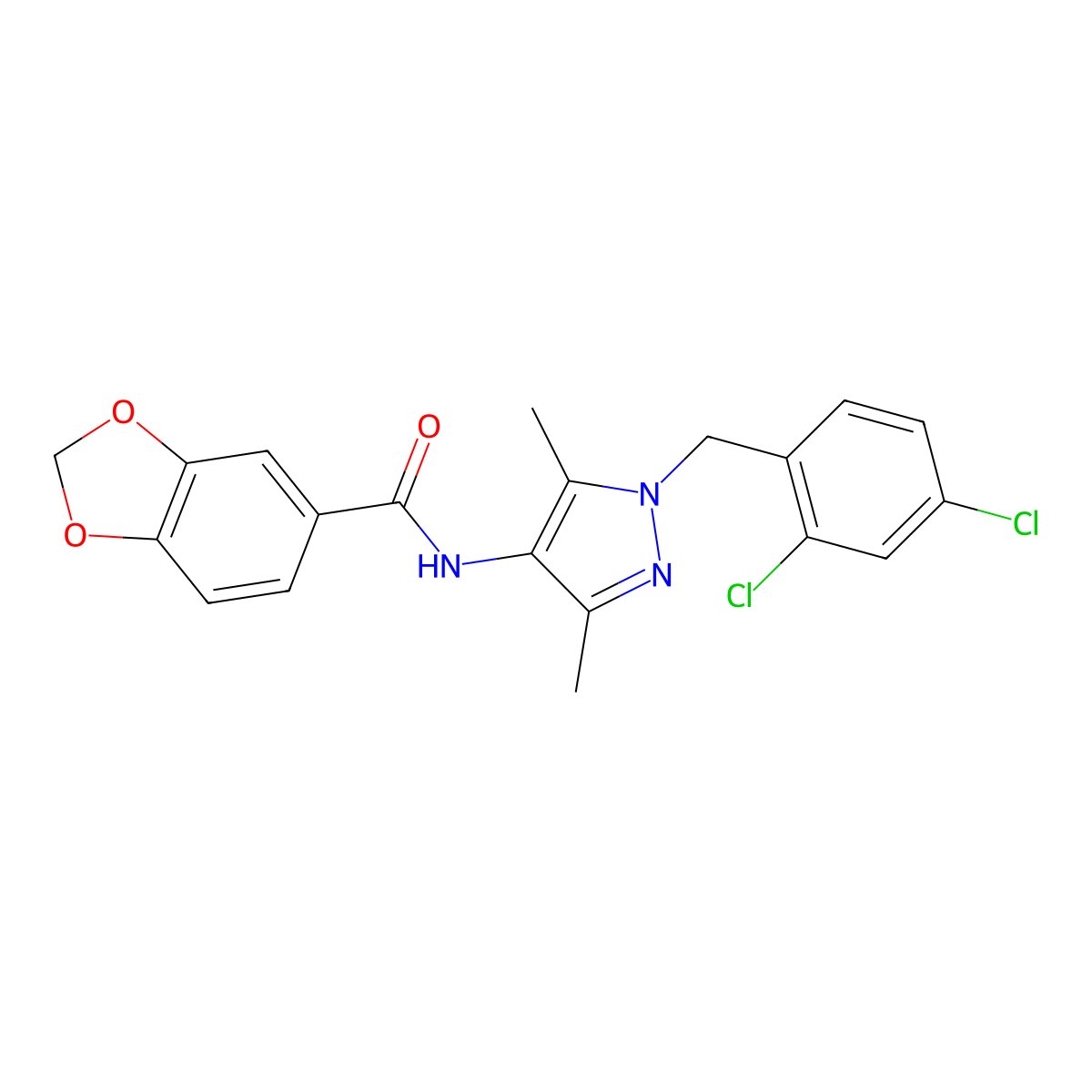 N-[1-[(2,4-dichlorophenyl)methyl]-3,5-dimethylpyrazol-4-yl]-1,3-benzodioxole-5-carboxamide molecular structure, CAS 490014-23-8