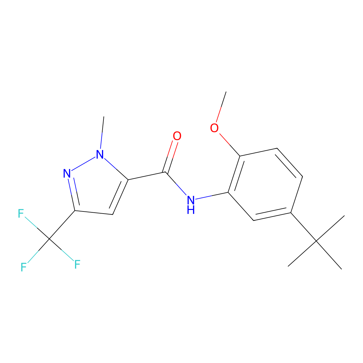 N-(5-tert-butyl-2-methoxyphenyl)-2-methyl-5-(trifluoromethyl)pyrazole-3-carboxamide molecular structure, CAS 490014-57-8