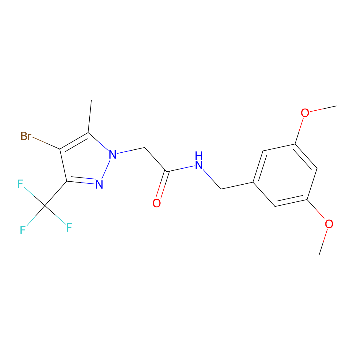 2-[4-bromo-5-methyl-3-(trifluoromethyl)pyrazol-1-yl]-N-[(3,5-dimethoxyphenyl)methyl]acetamide molecular structure, CAS 490014-98-7