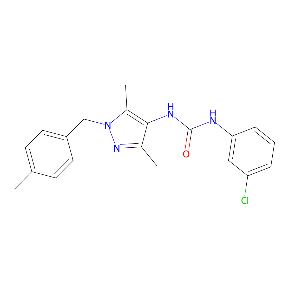 1-(3-Chlorophenyl)-3-[3,5-dimethyl-1-[(4-methylphenyl)methyl]pyrazol-4-yl]urea molecular structure, CAS 490015-00-4