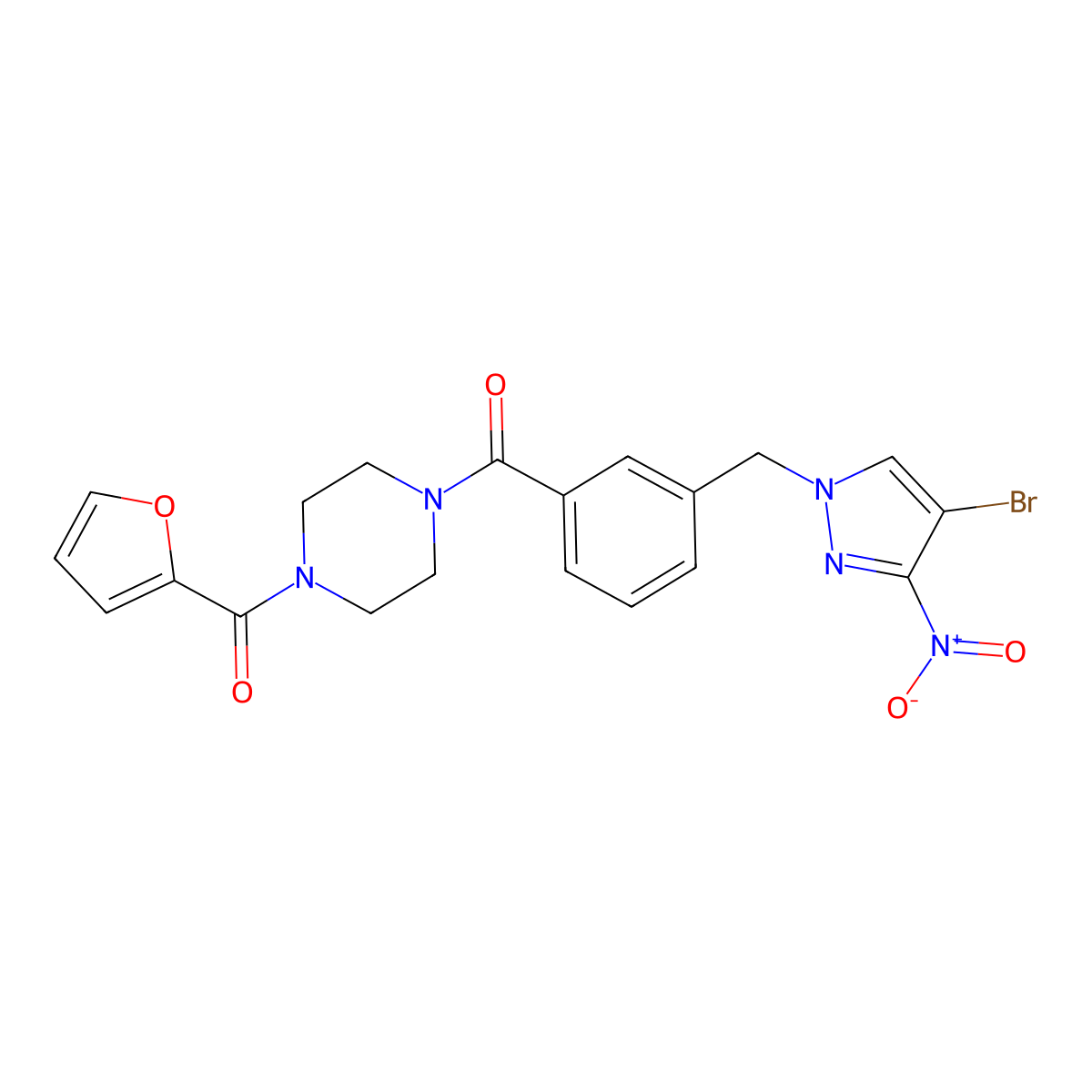 [3-[(4-Bromo-3-nitropyrazol-1-yl)methyl]phenyl]-[4-(furan-2-carbonyl)piperazin-1-yl]methanone molecular structure, CAS 490015-11-7