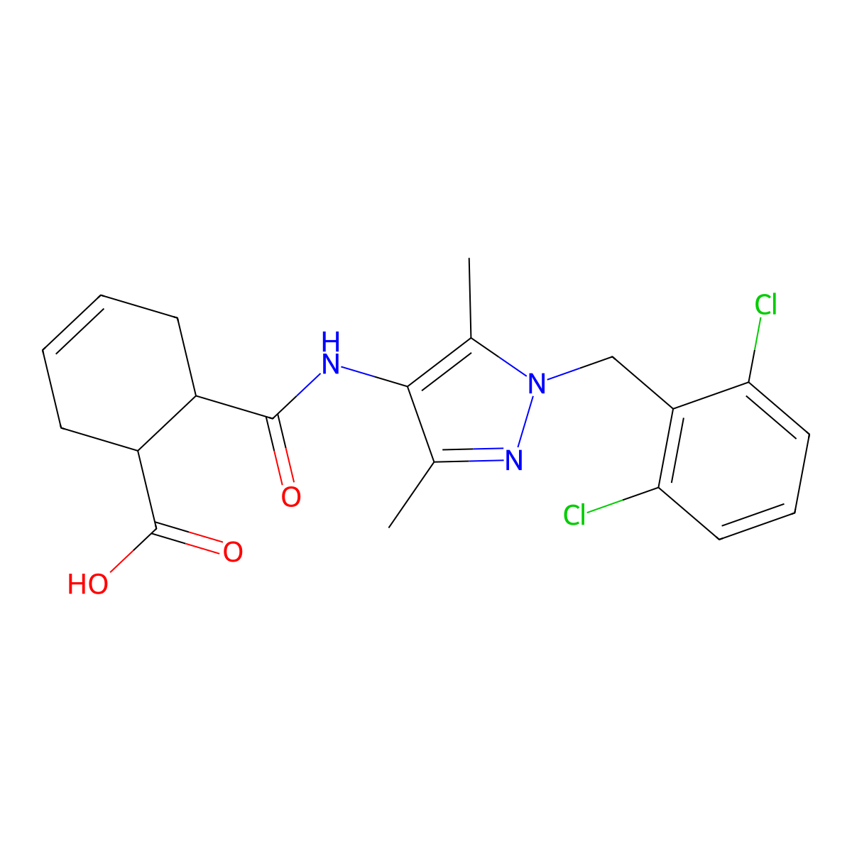 6-{[1-(2,6-dichlorobenzyl)-3,5-dimethyl-1H-pyrazol-4-yl]carbamoyl}cyclohex-3-ene-1-carboxylic acid molecular structure, CAS 490031-30-6