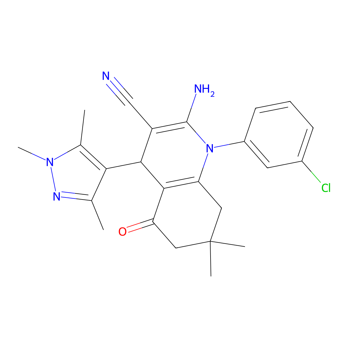 2-amino-1-(3-chlorophenyl)-7,7-dimethyl-5-oxo-4-(1,3,5-trimethylpyrazol-4-yl)-6,8-dihydro-4H-quinoline-3-carbonitrile molecular structure, CAS 490031-62-4