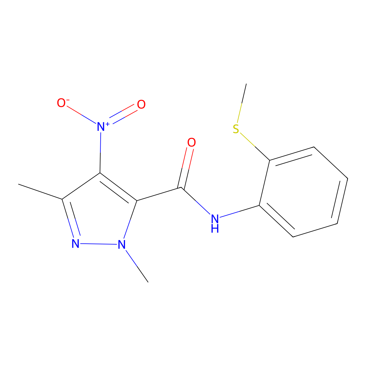 2,5-dimethyl-N-(2-methylsulfanylphenyl)-4-nitropyrazole-3-carboxamide molecular structure, CAS 490031-73-7