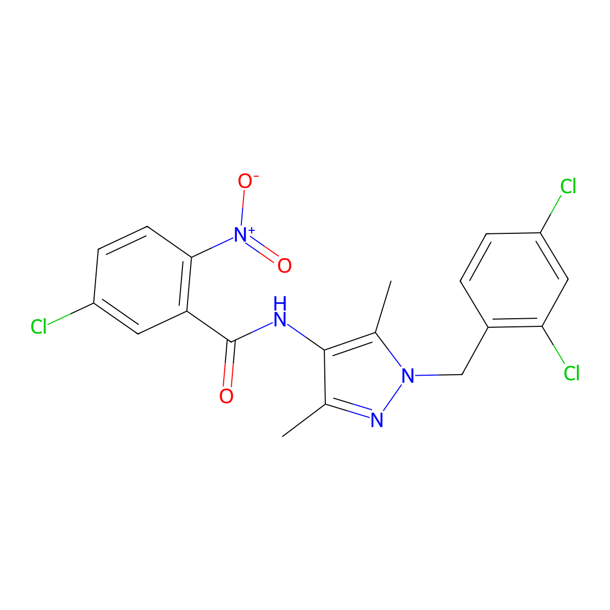 5-chloro-N-[1-[(2,4-dichlorophenyl)methyl]-3,5-dimethylpyrazol-4-yl]-2-nitrobenzamide molecular structure, CAS 490031-81-7