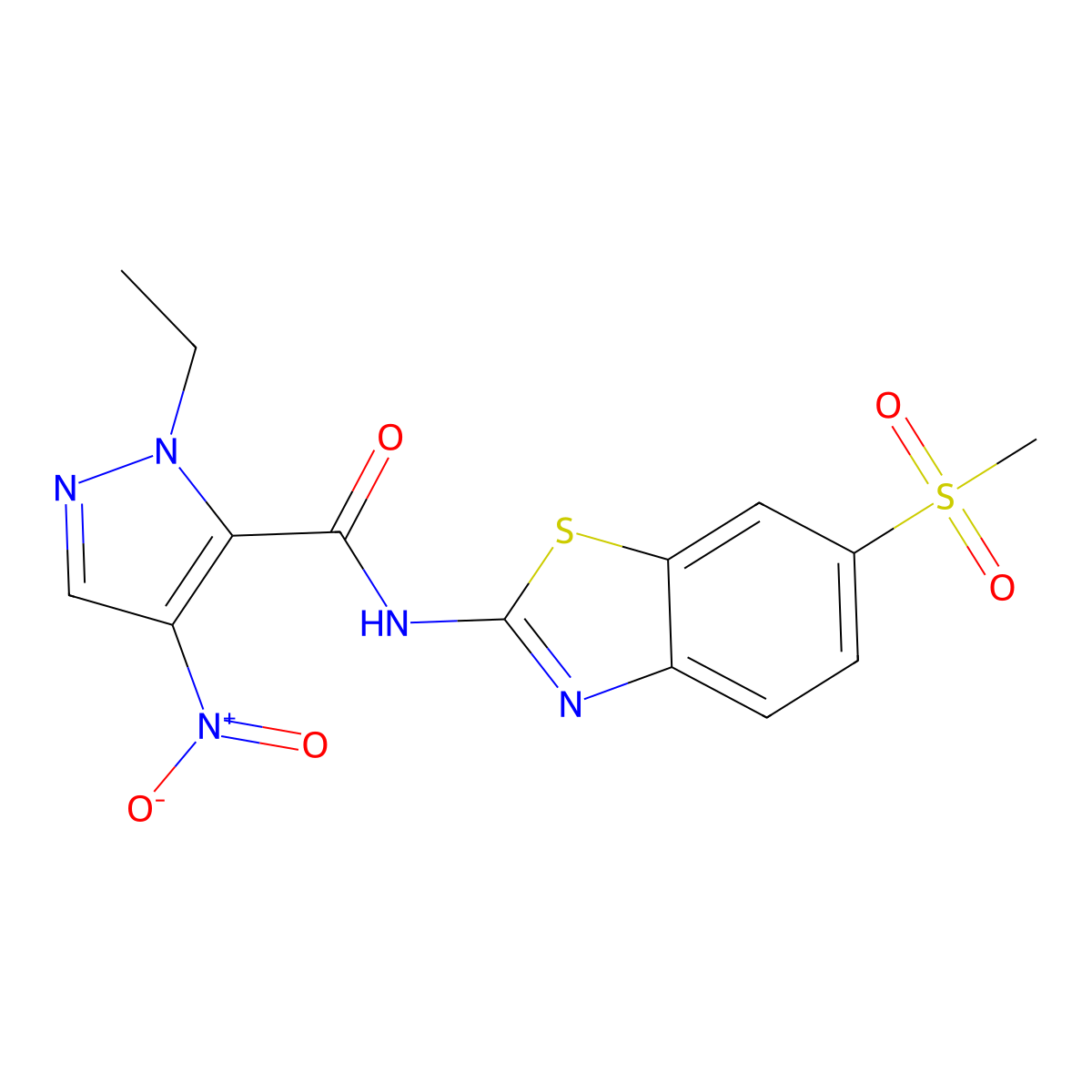 2-ethyl-N-(6-methylsulfonyl-1,3-benzothiazol-2-yl)-4-nitropyrazole-3-carboxamide molecular structure, CAS 490032-55-8