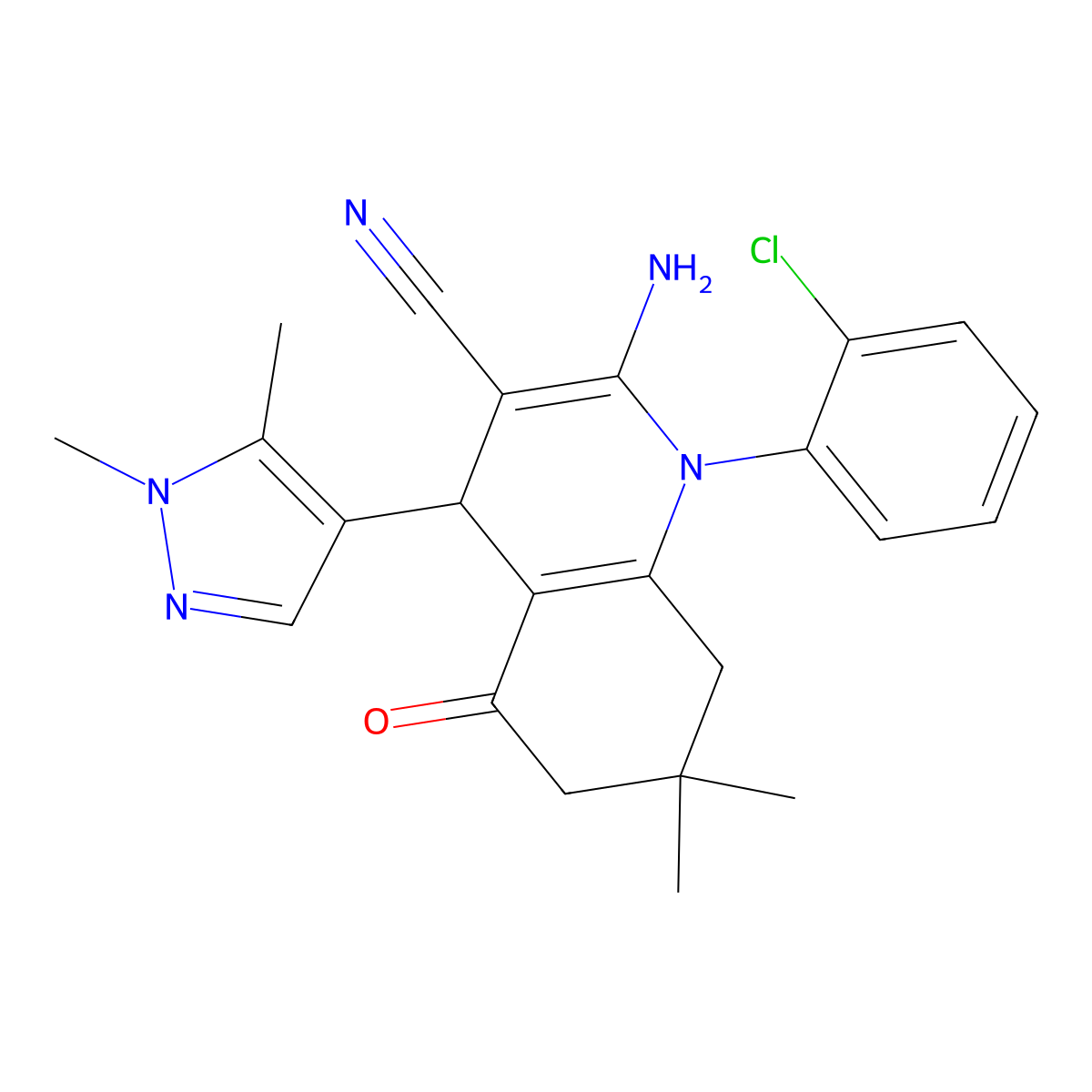 2-amino-1-(2-chlorophenyl)-4-(1,5-dimethylpyrazol-4-yl)-7,7-dimethyl-5-oxo-6,8-dihydro-4H-quinoline-3-carbonitrile molecular structure, CAS 490032-81-0