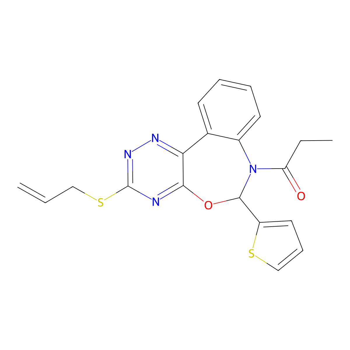 3-(Allylsulfanyl)-7-propionyl-6-thien-2-yl-6,7-dihydro[1,2,4]triazino[5,6-d][3,1]benzoxazepine molecular structure, CAS 491581-92-1