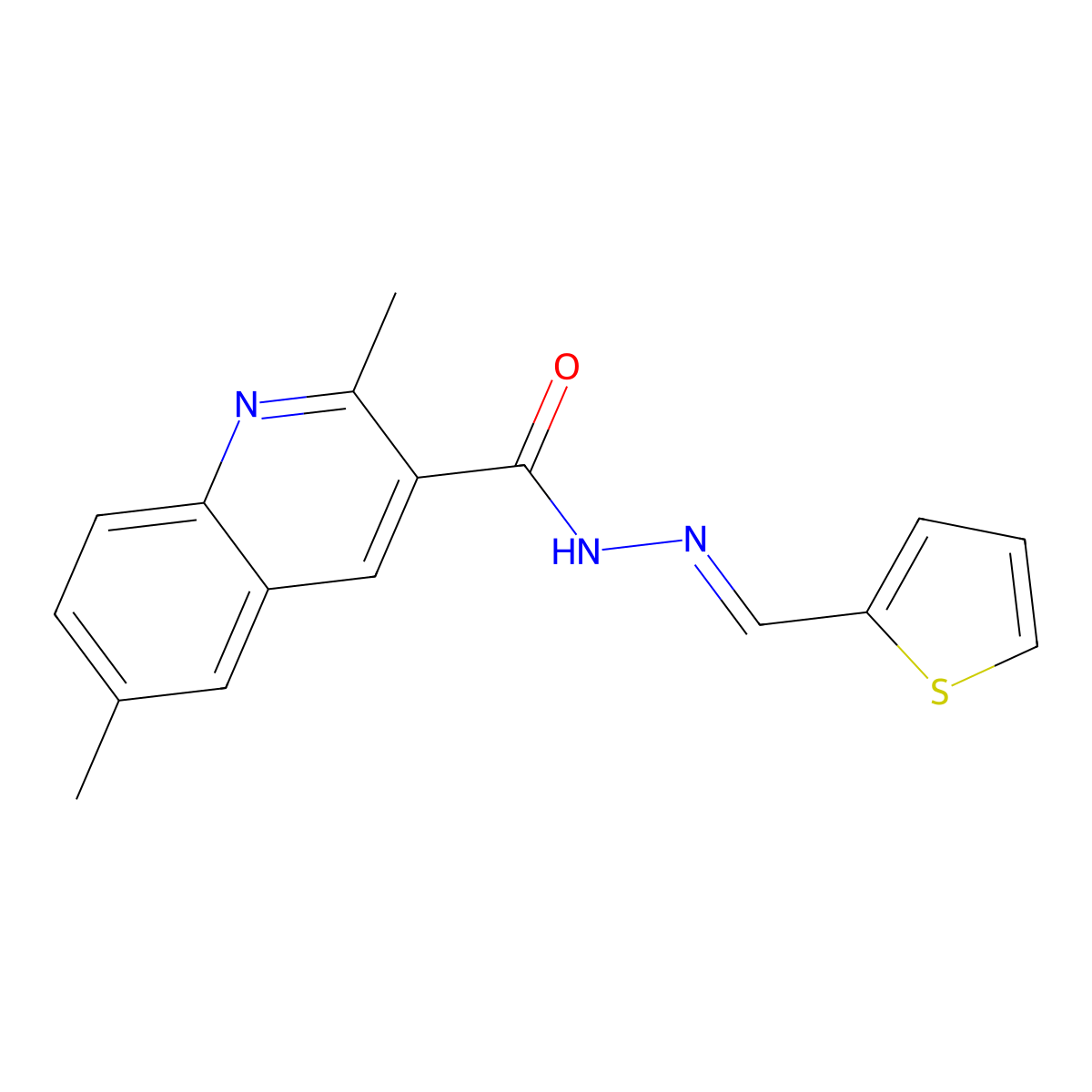 2,6-dimethyl-N-(thiophen-2-ylmethylideneamino)quinoline-3-carboxamide molecular structure, CAS 491585-87-6