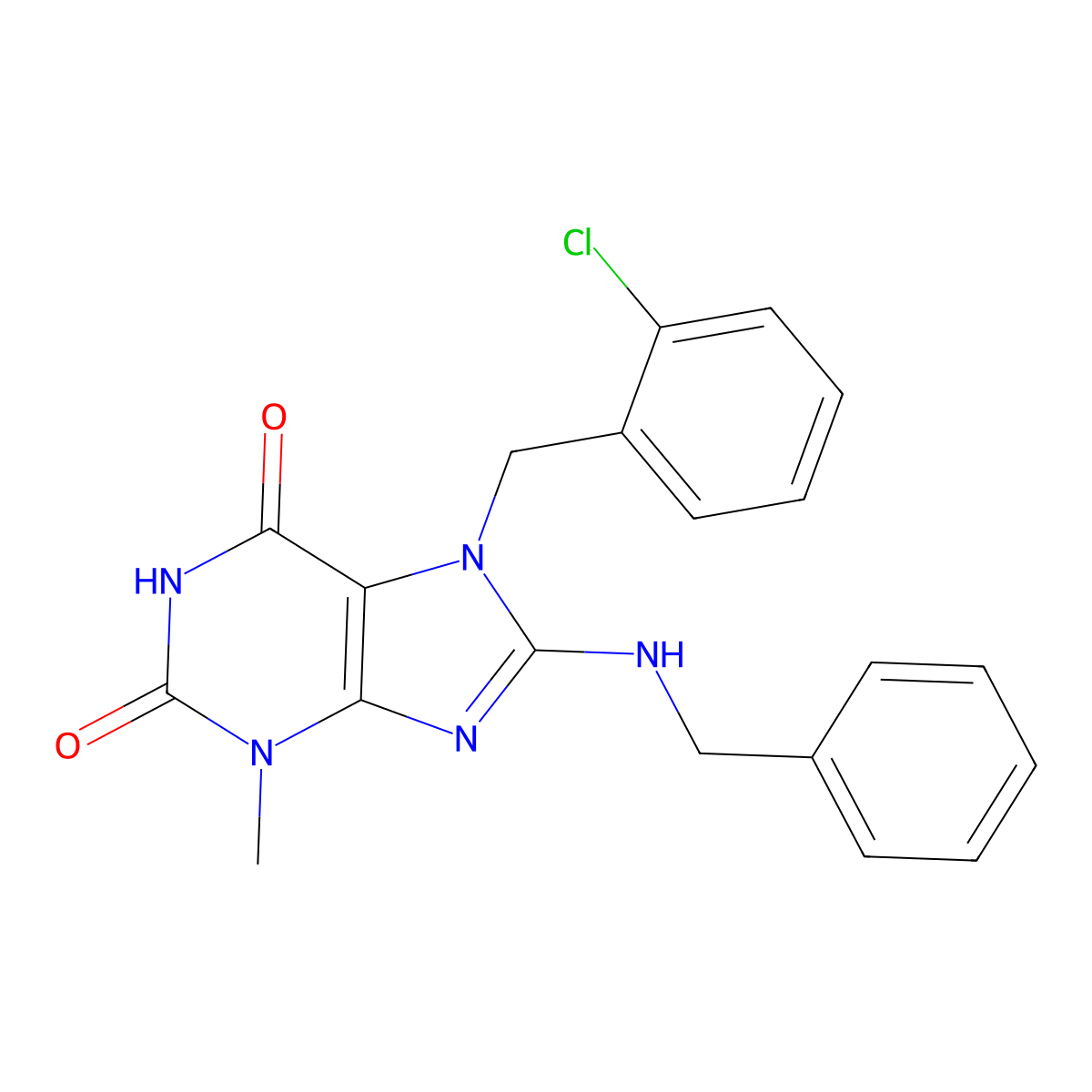 8-Benzylamino-7-(2-chloro-benzyl)-3-methyl-3,7-dihydro-purine-2,6-dione molecular structure, CAS 491602-92-7