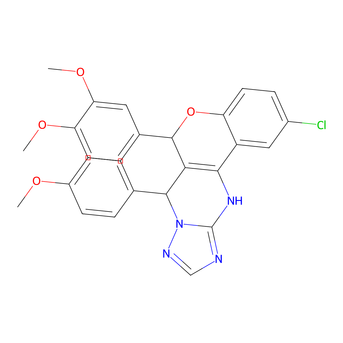 2-chloro-6-(3,4-dimethoxyphenyl)-7-(4-methoxyphenyl)-7,12-dihydro-6H-chromeno[4,3-d][1,2,4]triazolo[1,5-a]pyrimidine molecular structure, CAS 491606-27-0