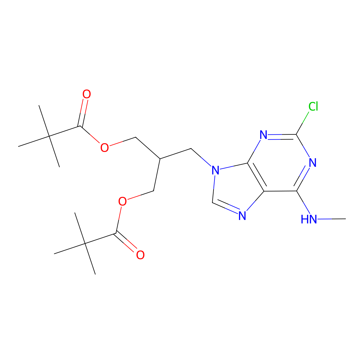 2,2-Dimethyl-propionic acid 3-(2-chloro-6-methylaminopurin-9-YL)-2-(2,2-dimethyl-propionyloxymethyl)-propyl ester molecular structure, CAS 491611-55-3