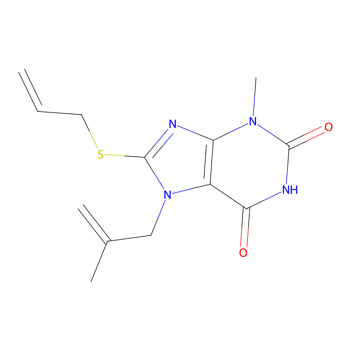3-Methyl-7-(2-methylprop-2-enyl)-8-prop-2-enylsulfanylpurine-2,6-dione molecular structure, CAS 491614-94-9
