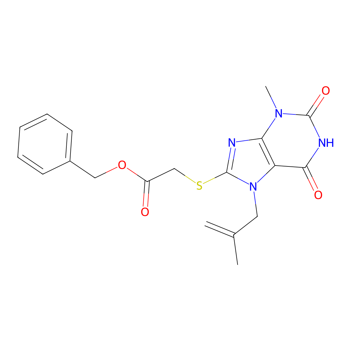 Benzyl 2-[3-methyl-7-(2-methylprop-2-enyl)-2,6-dioxopurin-8-yl]sulfanylacetate molecular structure, CAS 491614-98-3