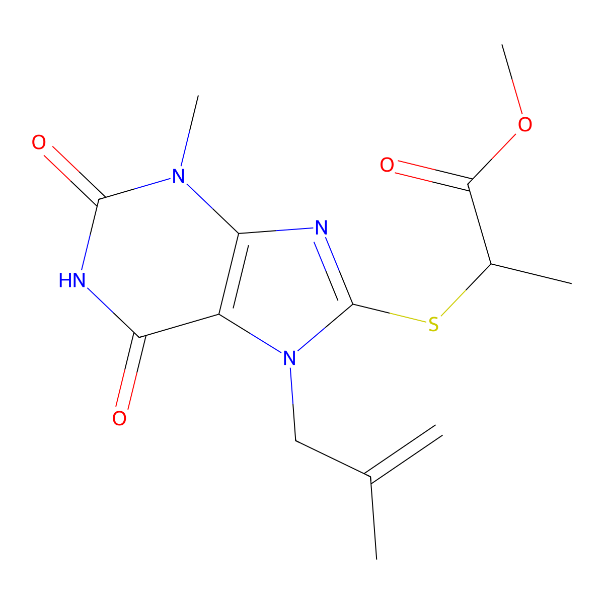 methyl 2-((3-methyl-7-(2-methylallyl)-2,6-dioxo-2,3,6,7-tetrahydro-1H-purin-8-yl)thio)propanoate molecular structure, CAS 491615-00-0