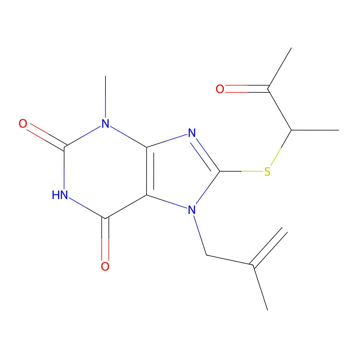 3-Methyl-7-(2-methylprop-2-enyl)-8-(3-oxobutan-2-ylsulfanyl)purine-2,6-dione molecular structure, CAS 491615-02-2