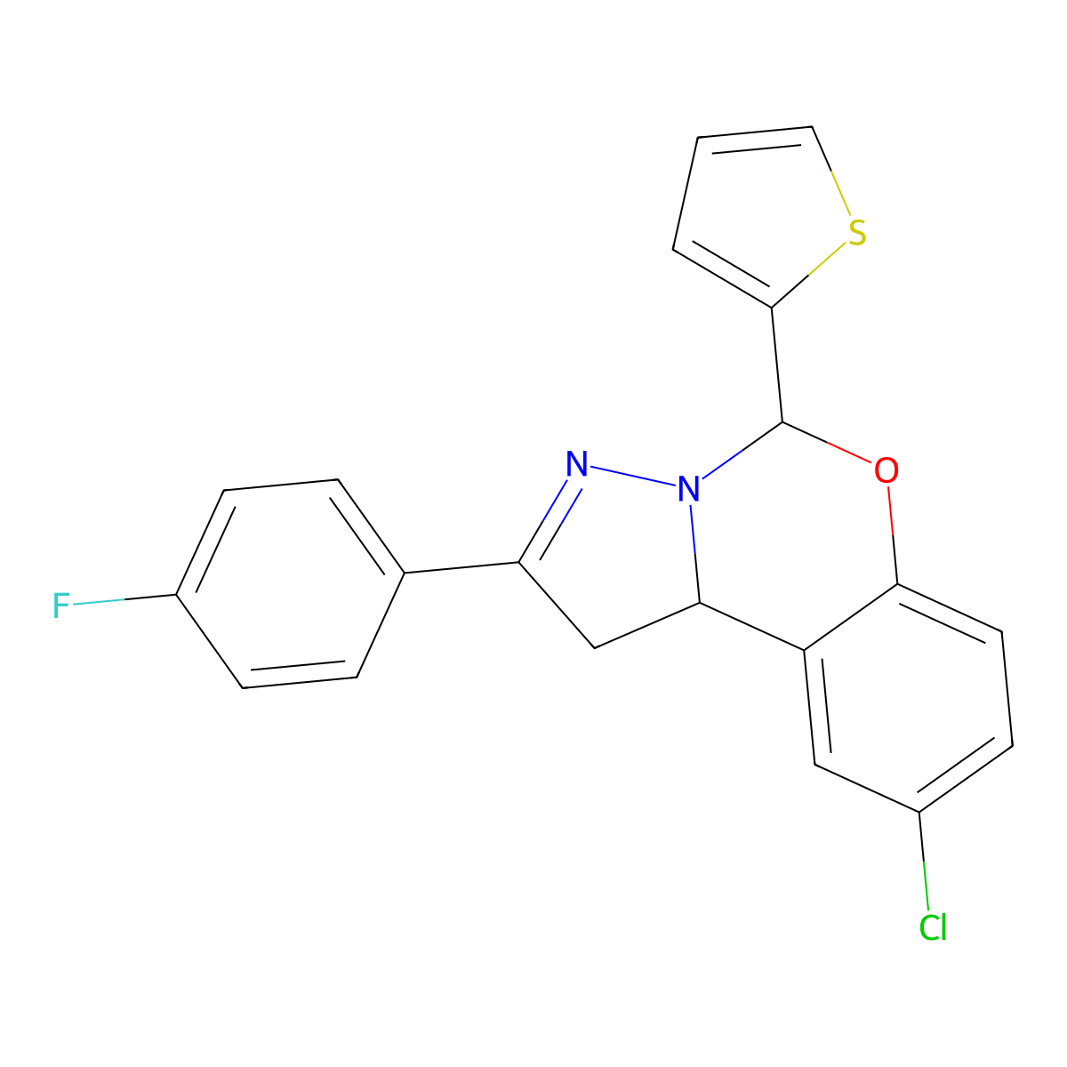 9-Chloro-2-(4-fluorophenyl)-5-thien-2-yl-1,10b-dihydropyrazolo[1,5-c][1,3]benzoxazine molecular structure, CAS 491615-79-3