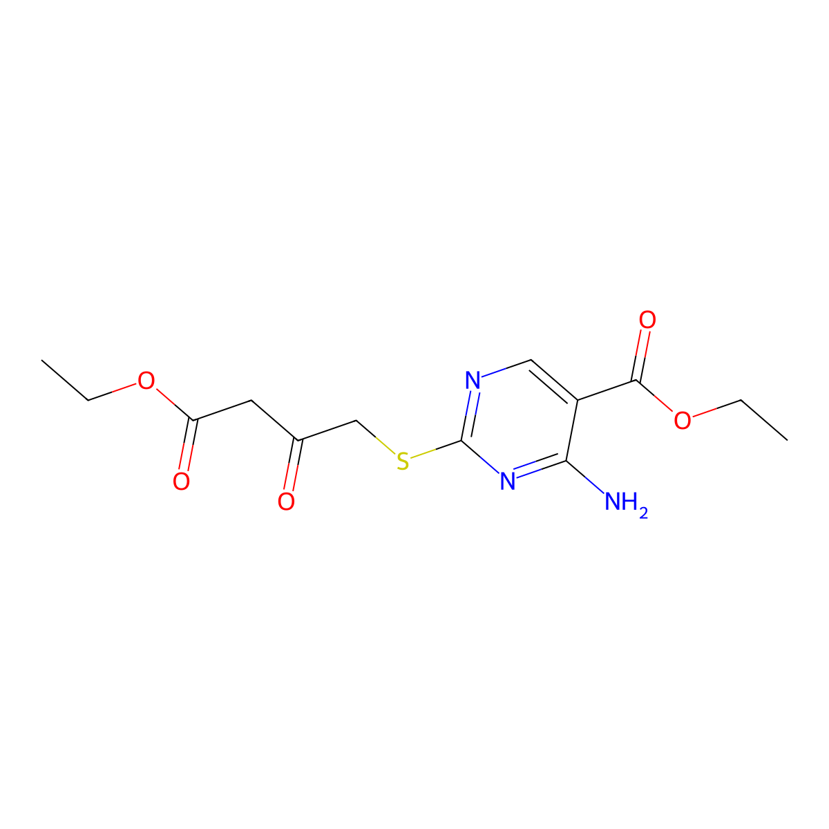 Ethyl 4-[4-amino-5-(ethoxycarbonyl)pyrimidin-2-ylthio]-3-oxobutanoate molecular structure, CAS 491642-68-3