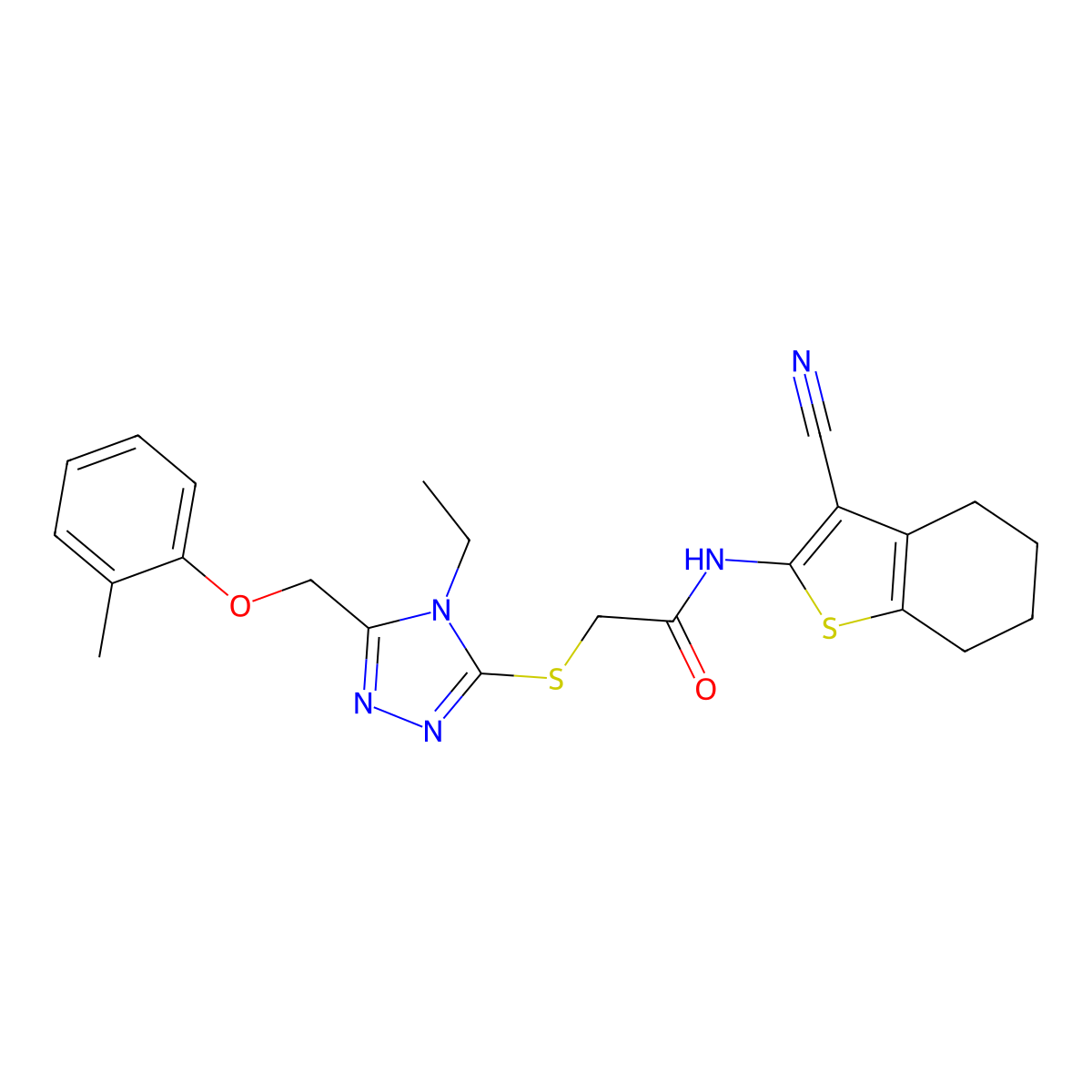 N-(3-cyano-4,5,6,7-tetrahydro-1-benzothiophen-2-yl)-2-[[4-ethyl-5-[(2-methylphenoxy)methyl]-1,2,4-triazol-3-yl]sulfanyl]acetamide molecular structure, CAS 491645-91-1