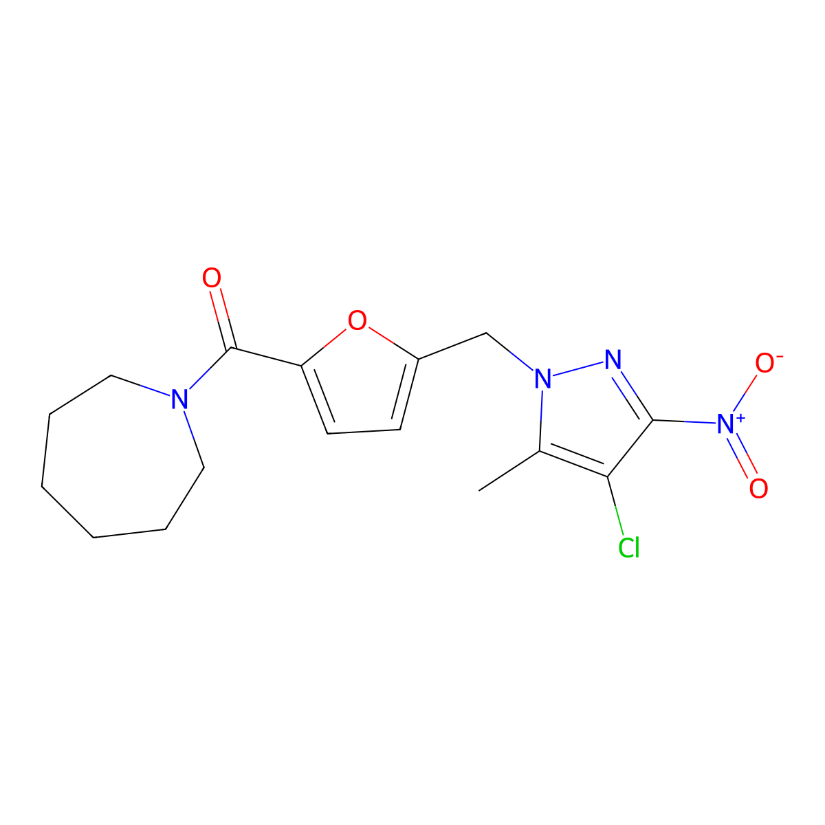 Azepan-1-yl-[5-[(4-chloro-5-methyl-3-nitropyrazol-1-yl)methyl]furan-2-yl]methanone molecular structure, CAS 491828-83-2