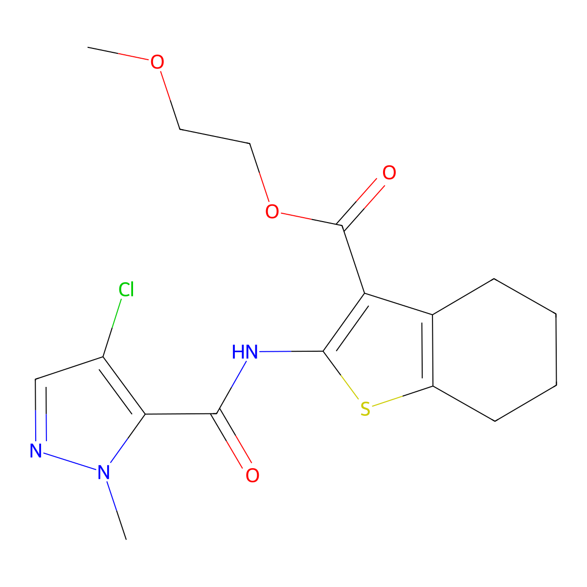 2-methoxyethyl 2-{[(4-chloro-1-methyl-1H-pyrazol-5-yl)carbonyl]amino}-4,5,6,7-tetrahydro-1-benzothiophene-3-carboxylate molecular structure, CAS 491828-98-9