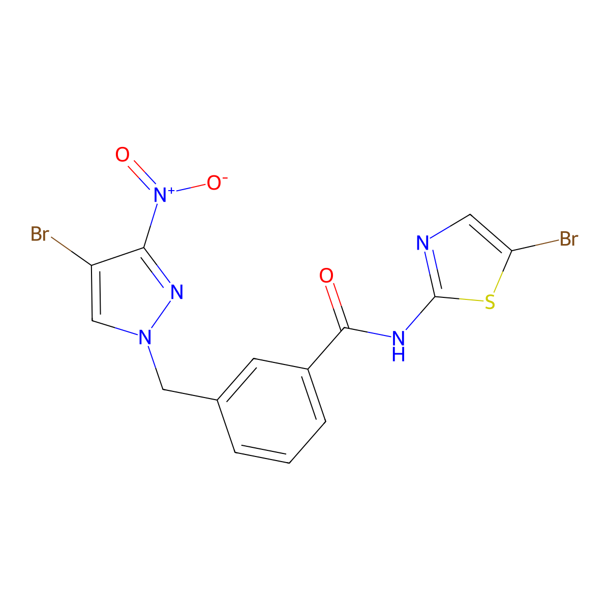 3-[(4-bromo-3-nitropyrazol-1-yl)methyl]-N-(5-bromo-1,3-thiazol-2-yl)benzamide molecular structure, CAS 491829-09-5