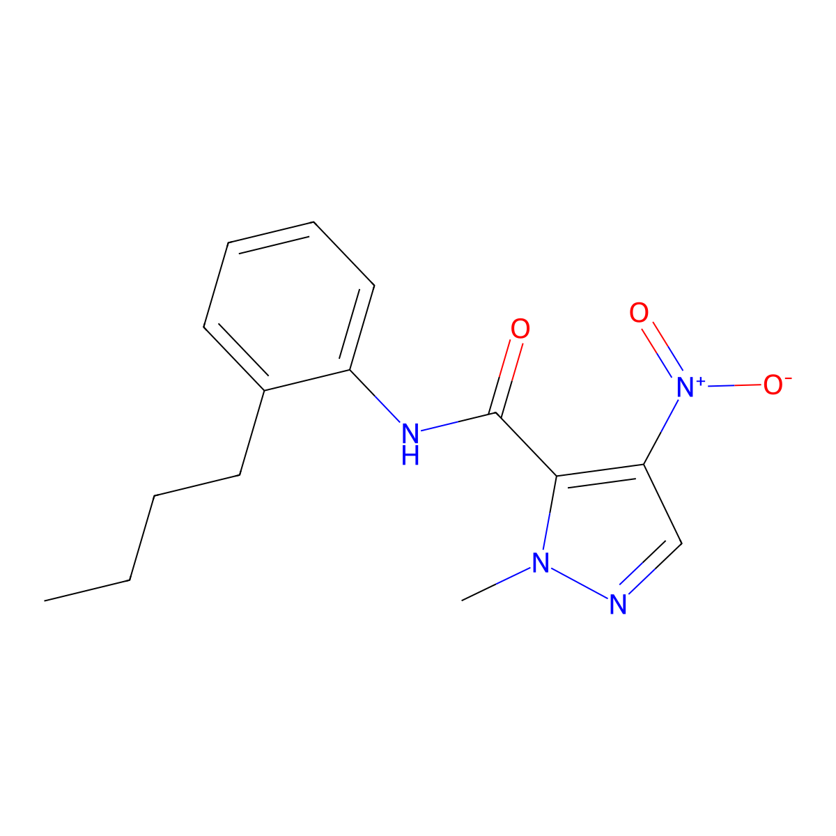 N-(2-butylphenyl)-2-methyl-4-nitropyrazole-3-carboxamide molecular structure, CAS 491829-11-9