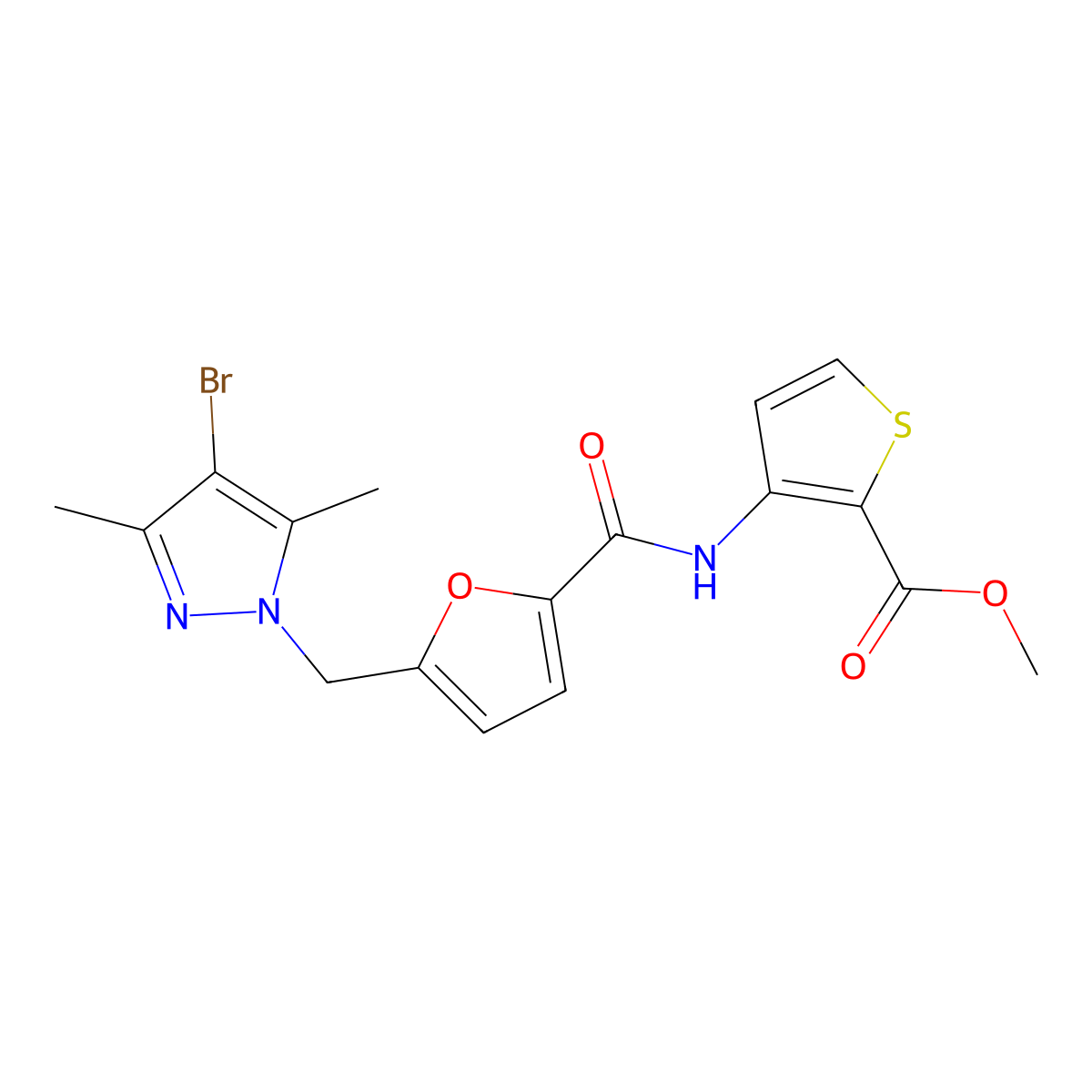 Methyl 3-[[5-[(4-bromo-3,5-dimethylpyrazol-1-yl)methyl]furan-2-carbonyl]amino]thiophene-2-carboxylate molecular structure, CAS 491829-20-0