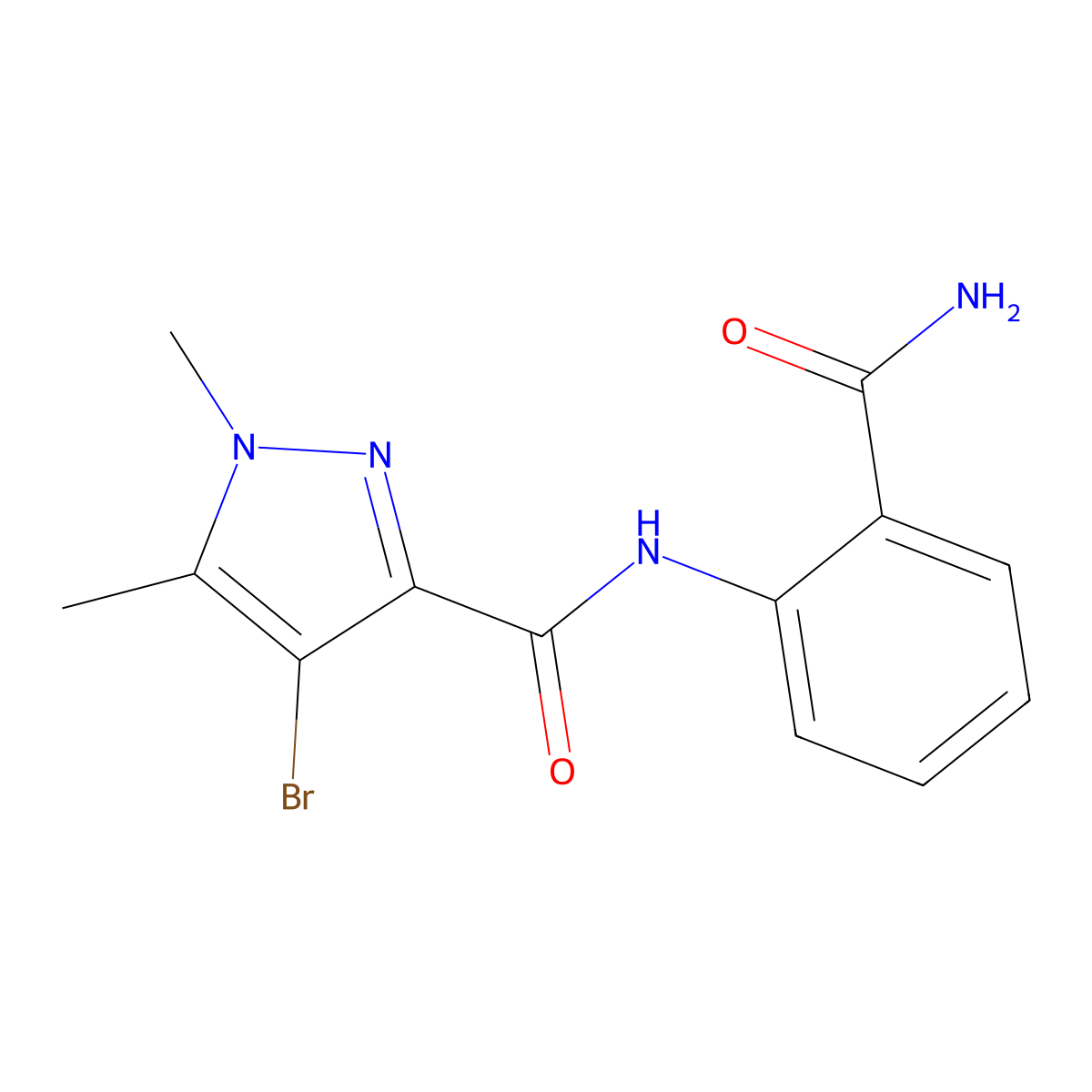 4-bromo-N-(2-carbamoylphenyl)-1,5-dimethylpyrazole-3-carboxamide molecular structure, CAS 491829-24-4