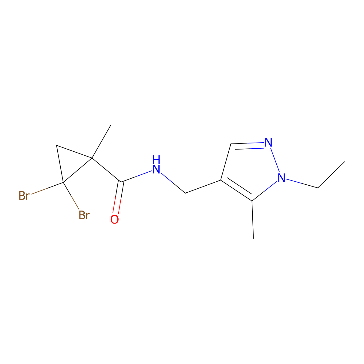2,2-dibromo-N-[(1-ethyl-5-methyl-1H-pyrazol-4-yl)methyl]-1-methylcyclopropanecarboxamide molecular structure, CAS 491829-34-6