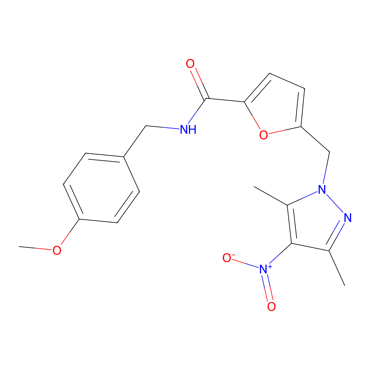 5-[(3,5-dimethyl-4-nitro-1-pyrazolyl)methyl]-N-[(4-methoxyphenyl)methyl]-2-furancarboxamide molecular structure, CAS 491829-39-1