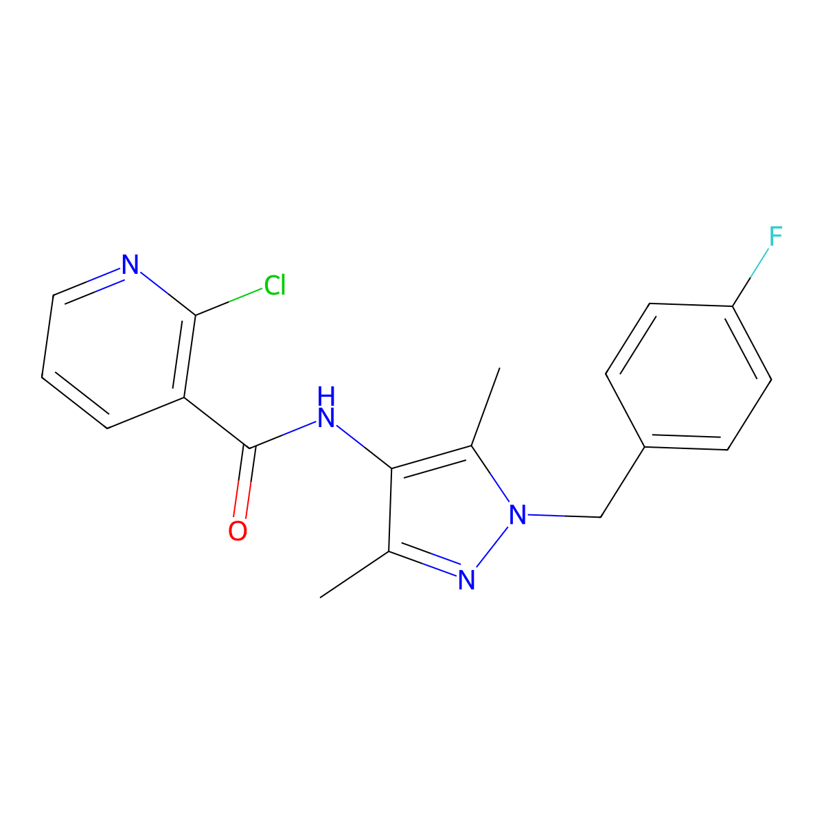 2-chloro-N-[1-(4-fluorobenzyl)-3,5-dimethyl-1H-pyrazol-4-yl]nicotinamide molecular structure, CAS 491829-48-2