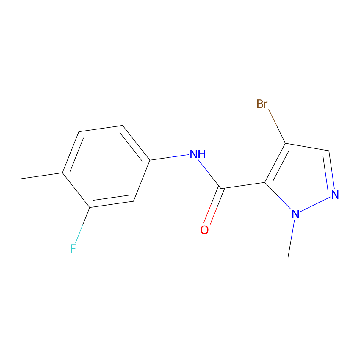 4-bromo-N-(3-fluoro-4-methylphenyl)-2-methylpyrazole-3-carboxamide molecular structure, CAS 491829-88-0