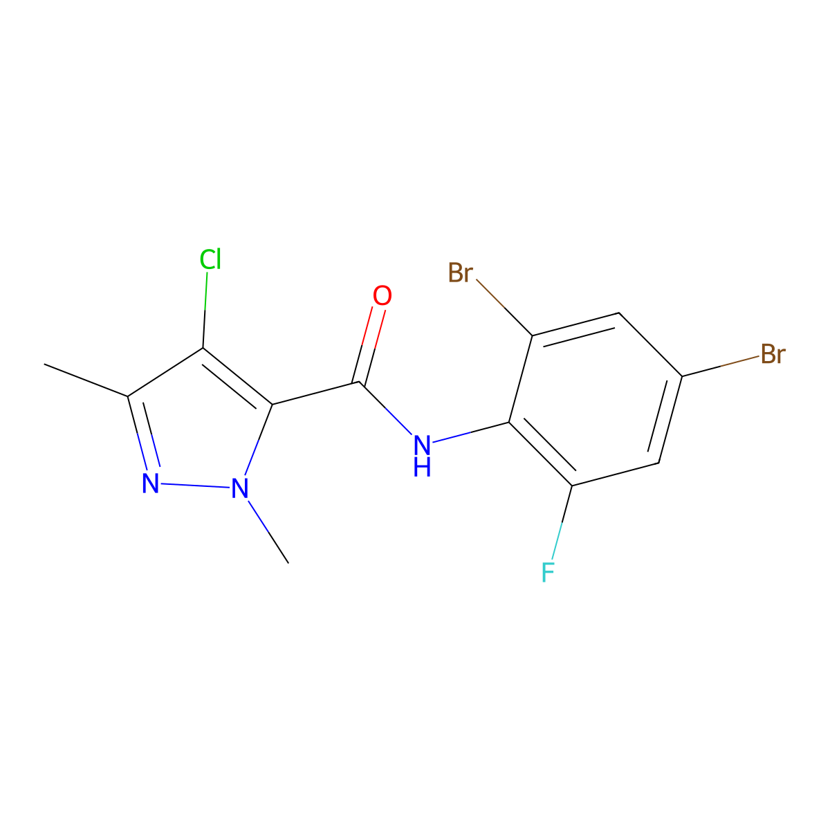 4-chloro-N-(2,4-dibromo-6-fluorophenyl)-2,5-dimethylpyrazole-3-carboxamide molecular structure, CAS 491829-96-0