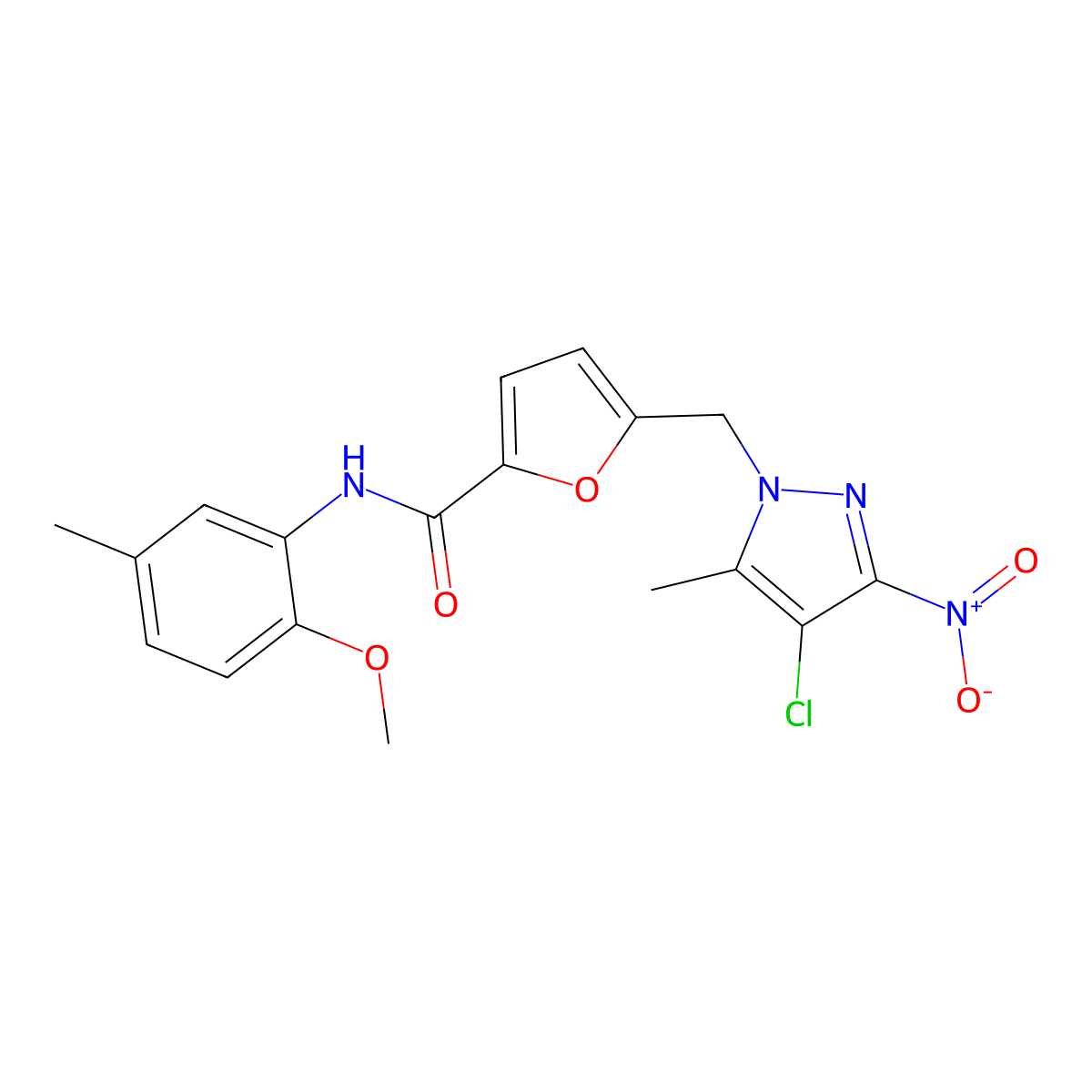 5-[(4-chloro-5-methyl-3-nitropyrazol-1-yl)methyl]-N-(2-methoxy-5-methylphenyl)furan-2-carboxamide molecular structure, CAS 491830-00-3