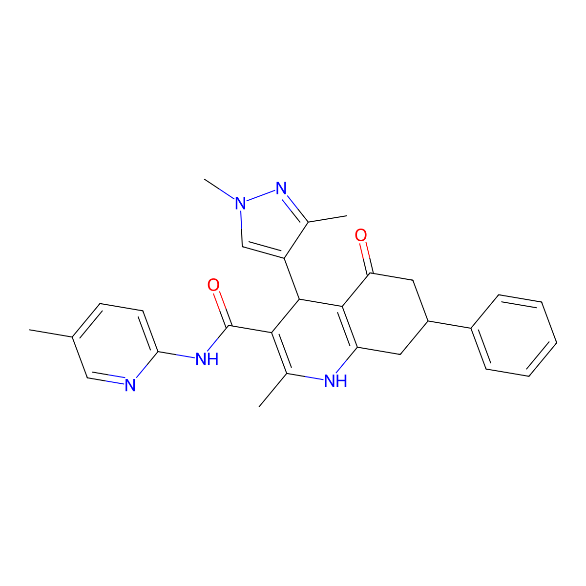 4-(1,3-dimethylpyrazol-4-yl)-2-methyl-N-(5-methylpyridin-2-yl)-5-oxo-7-phenyl-4,6,7,8-tetrahydro-1H-quinoline-3-carboxamide molecular structure, CAS 491830-31-0