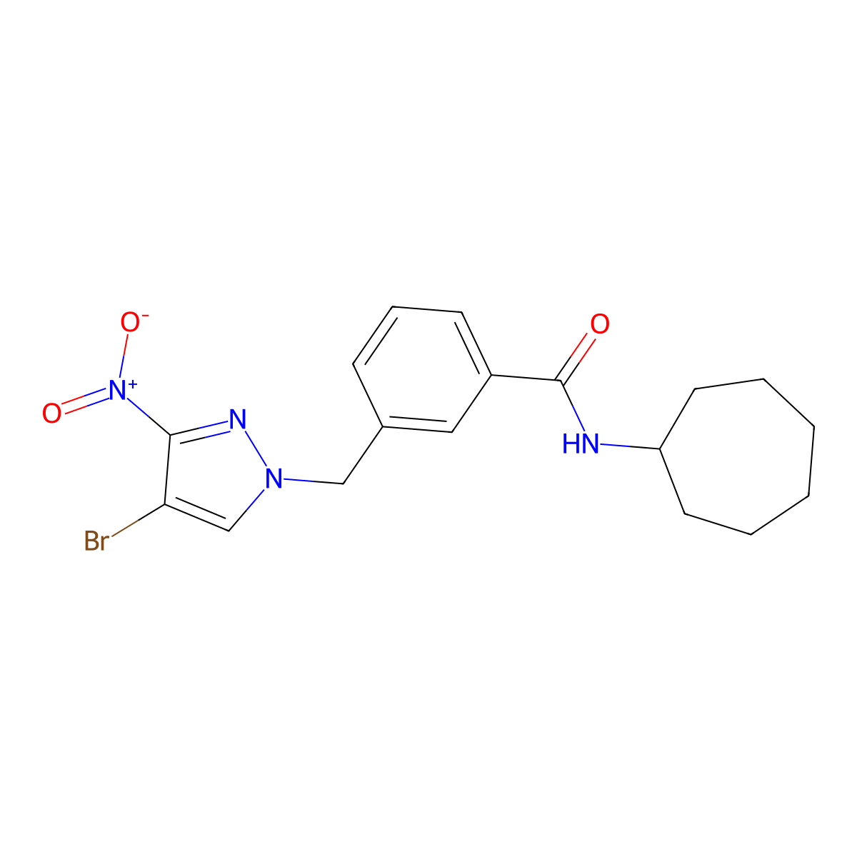 3-[(4-bromo-3-nitropyrazol-1-yl)methyl]-N-cycloheptylbenzamide molecular structure, CAS 491830-43-4