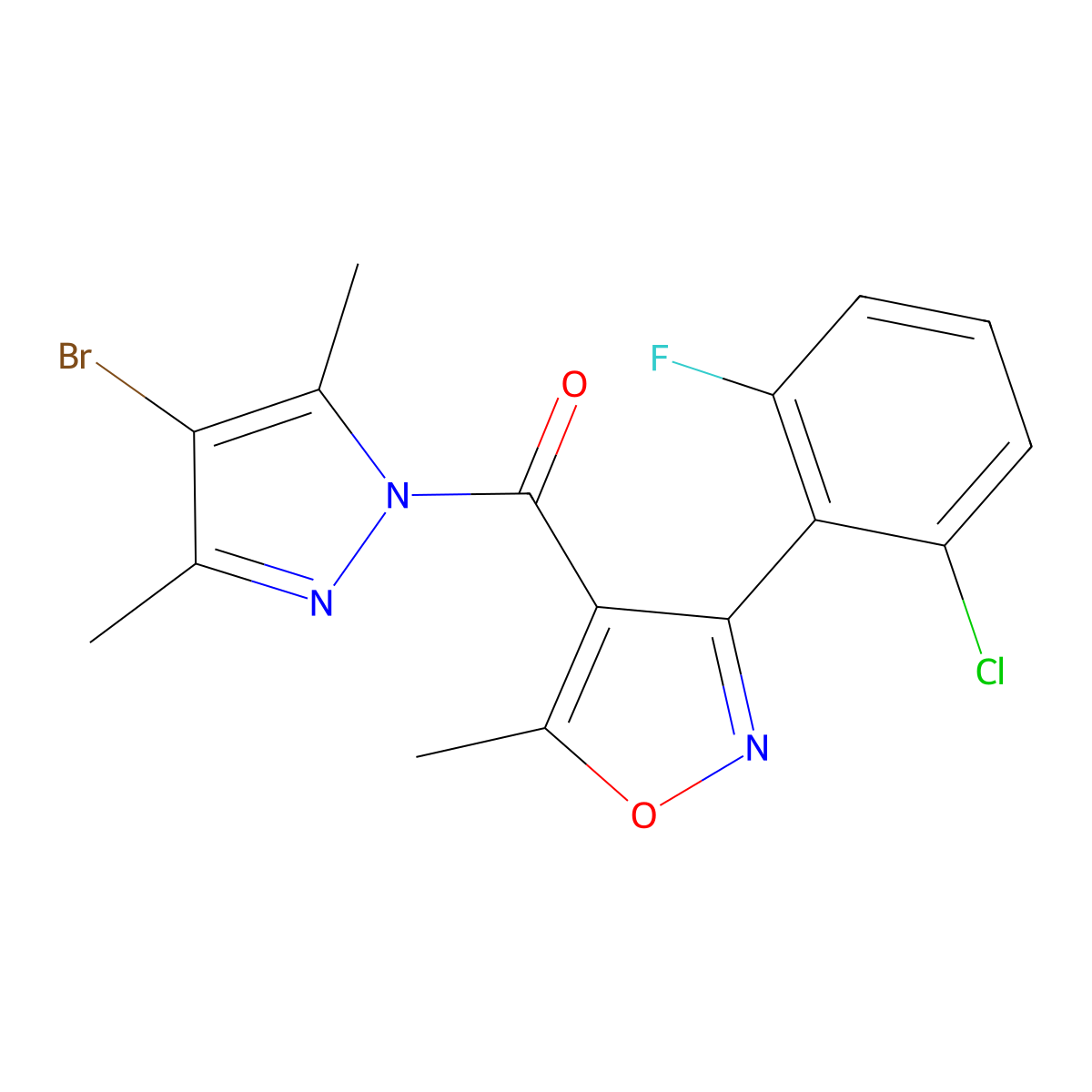 (4-Bromo-3,5-dimethylpyrazol-1-yl)-[3-(2-chloro-6-fluorophenyl)-5-methyl-1,2-oxazol-4-yl]methanone molecular structure, CAS 491830-89-8