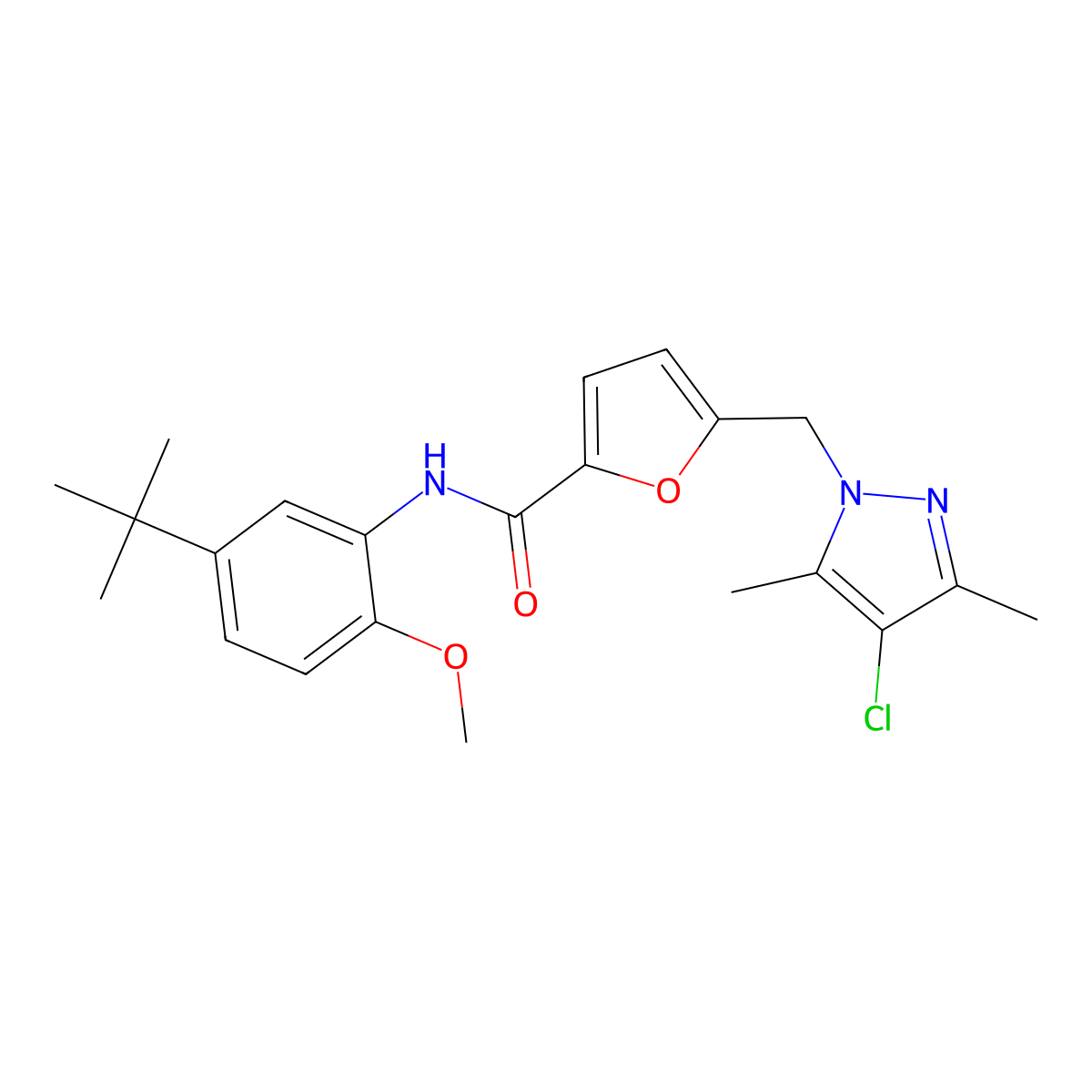 N-(5-tert-butyl-2-methoxyphenyl)-5-[(4-chloro-3,5-dimethylpyrazol-1-yl)methyl]furan-2-carboxamide molecular structure, CAS 491830-90-1