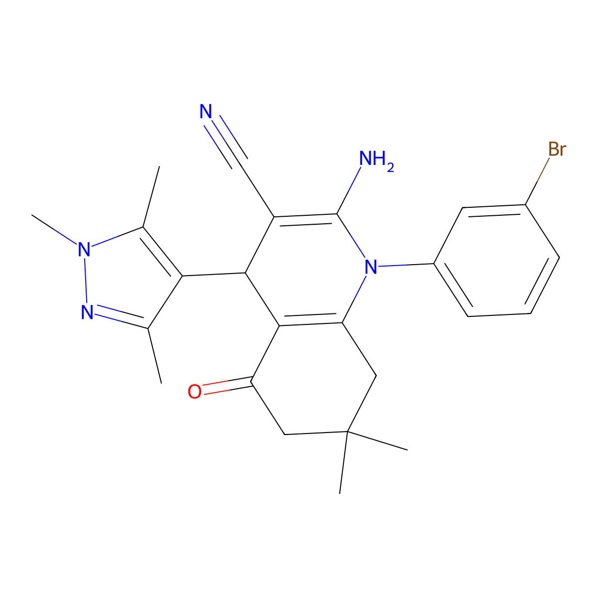 2-amino-1-(3-bromophenyl)-7,7-dimethyl-5-oxo-4-(1,3,5-trimethylpyrazol-4-yl)-6,8-dihydro-4H-quinoline-3-carbonitrile molecular structure, CAS 491831-01-7
