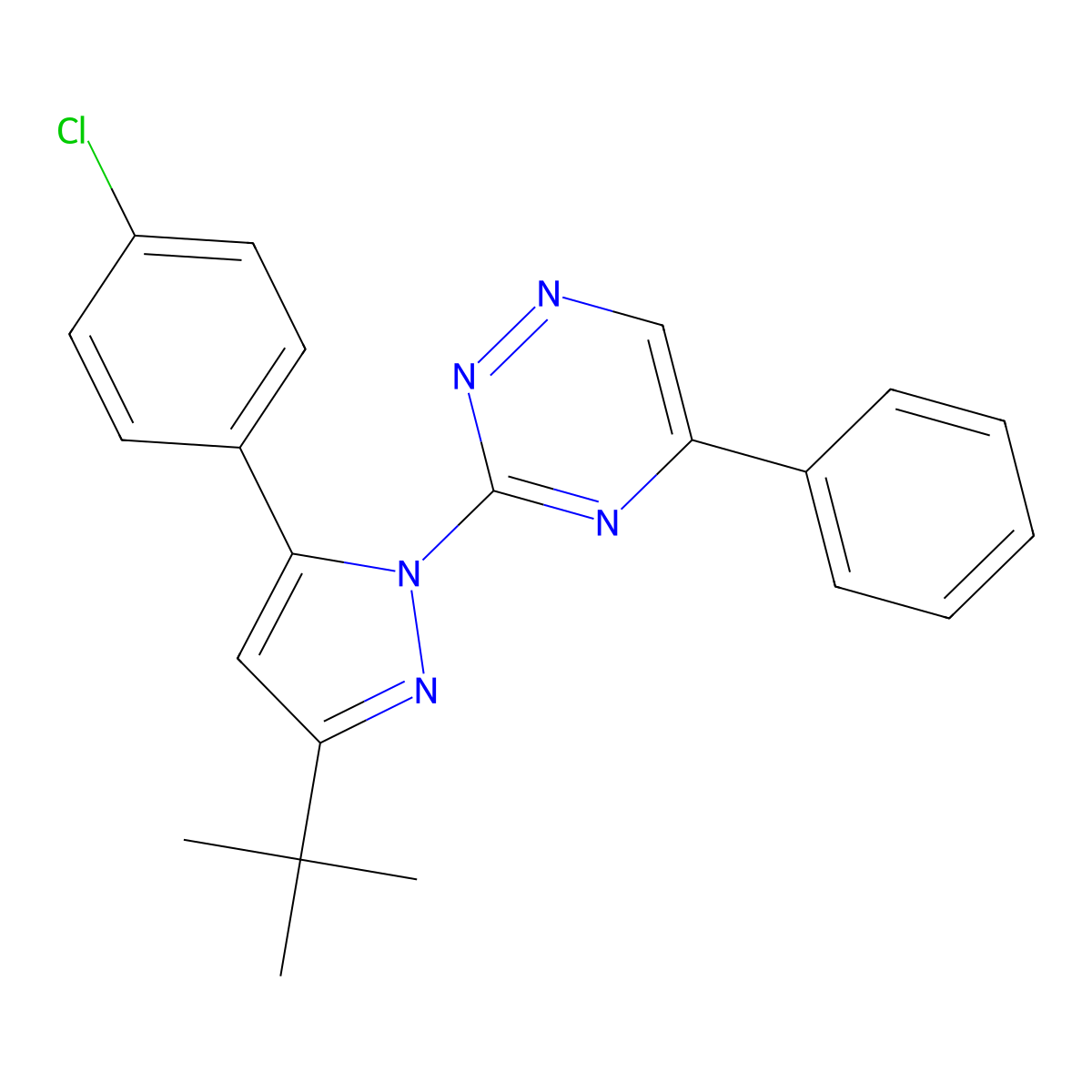 3-[3-Tert-butyl-5-(4-chlorophenyl)pyrazol-1-yl]-5-phenyl-1,2,4-triazine molecular structure, CAS 491831-79-9