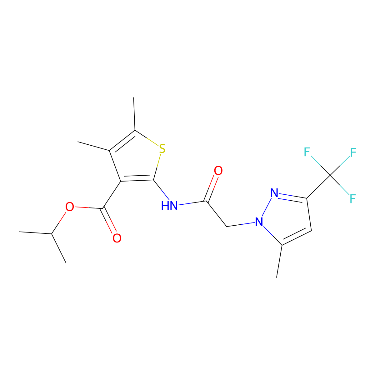 isopropyl 4,5-dimethyl-2-({[5-methyl-3-(trifluoromethyl)-1H-pyrazol-1-yl]acetyl}amino)-3-thiophenecarboxylate molecular structure, CAS 491831-89-1